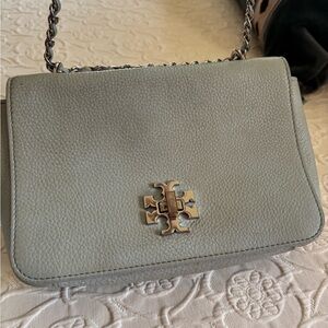 Tory Burch Pale Blue Pebbled Leather Chain Crossbody